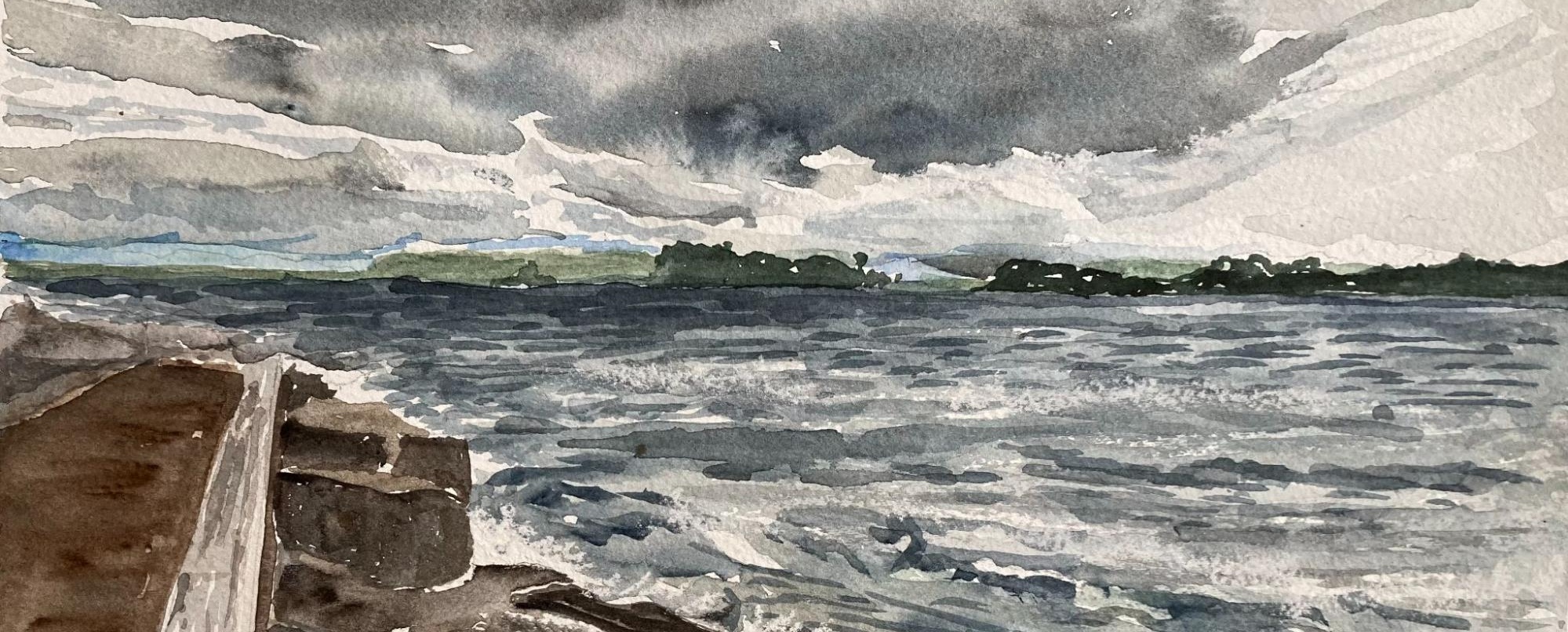 Watercolor of Watch Island breakwater looking at Goose Island and Hickory